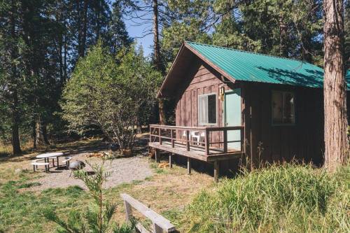 A small wooden cabin with a green roof, surrounded by trees and a grassy area, featuring a porch and outdoor seating.