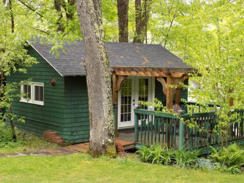 A small green cabin surrounded by trees, featuring a porch and lush greenery in the foreground.