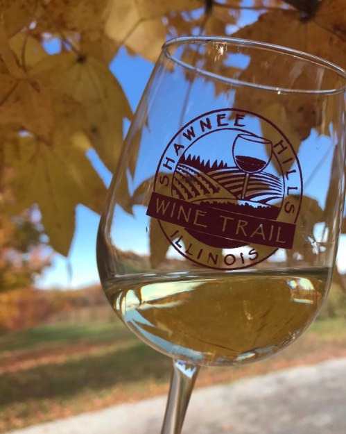 A close-up of a wine glass with the Shawnee Hills Wine Trail logo, surrounded by autumn leaves.