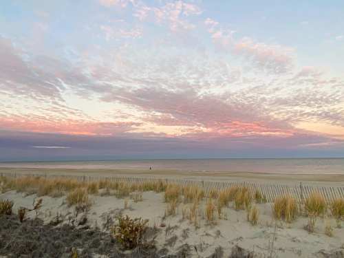 A serene beach scene at sunset, featuring soft clouds and gentle waves, with sand dunes and grass in the foreground.