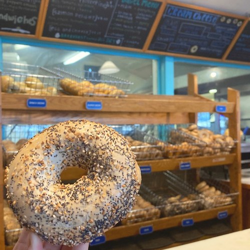 A hand holding a poppy seed bagel in front of a display of various baked goods.