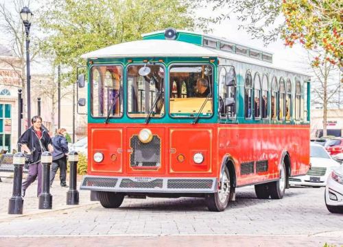 A colorful red and green trolley bus parked on a street, with people walking nearby and trees in the background.