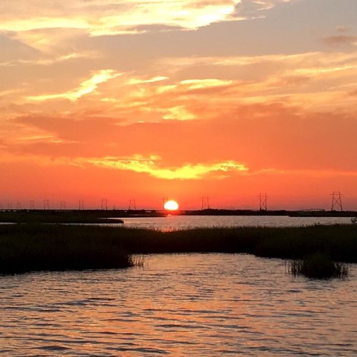 A vibrant sunset over a calm body of water, with silhouettes of power lines and grassy shores in the foreground.