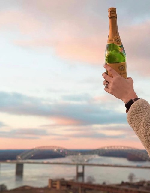 A hand holds a bottle of champagne against a sunset backdrop with a bridge and river in the distance.