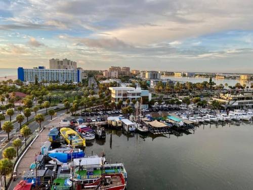 A scenic view of a marina with boats, palm trees, and buildings under a cloudy sky.