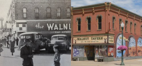 Side-by-side comparison of the historic Walnut Tavern and its modern facade, showcasing changes over time.