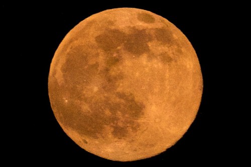 A close-up view of a large, orange full moon against a black sky.