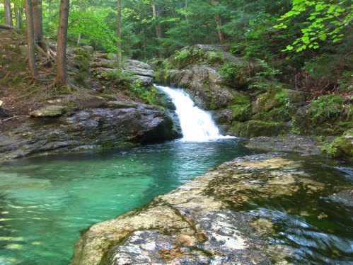 A serene waterfall cascades into a clear, turquoise pool surrounded by lush green trees and rocky terrain.