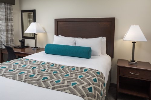 A cozy hotel room featuring a queen bed with decorative pillows, a desk, and bedside lamps.