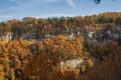 A scenic view of a rocky cliff surrounded by vibrant autumn foliage in various shades of orange and yellow.