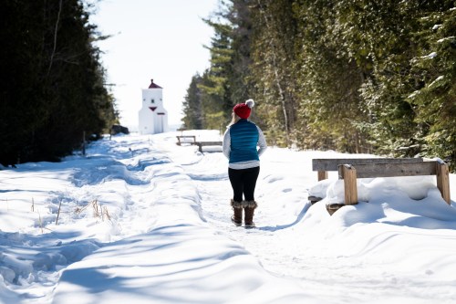 A person walks along a snowy path lined with trees, heading towards a small building in the distance.