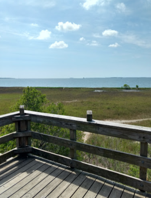 A wooden deck overlooks a grassy area leading to a calm sea under a partly cloudy sky.