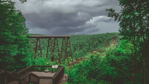 A scenic view of a forested landscape with a wooden overlook and a distant trestle bridge under a cloudy sky.