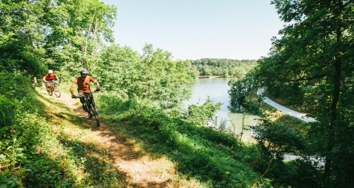 Two mountain bikers ride along a scenic trail beside a calm lake, surrounded by lush greenery and trees.
