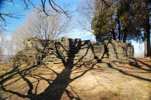 Ruins of a stone structure surrounded by bare trees and shadows on the ground, set against a clear blue sky.