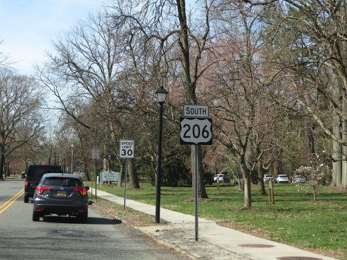 A road sign for Route 206 South next to a street with a 30 mph speed limit, lined with trees and parked cars.