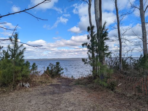 A serene view of a lake surrounded by trees under a partly cloudy sky.