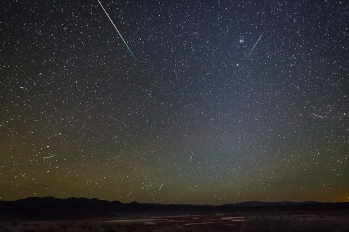 A starry night sky filled with multiple shooting stars and a faint glow on the horizon, showcasing a cosmic spectacle.