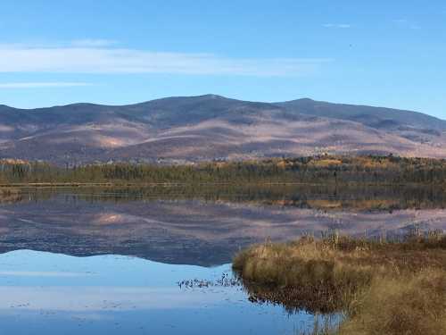 A serene lake reflects mountains and autumn foliage under a clear blue sky.