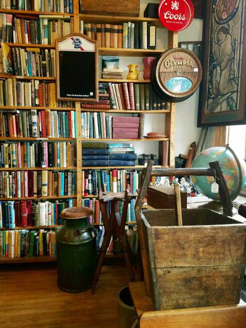 A cozy room filled with bookshelves, vintage items, and a wooden crate, creating a warm, nostalgic atmosphere.