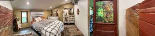 Cozy bedroom with a bed, dresser, and colorful stained glass door, featuring rustic decor and warm tones.