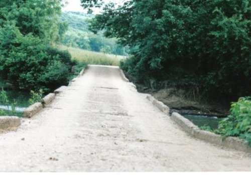 A dirt bridge spans a small stream, surrounded by lush greenery and trees on either side.