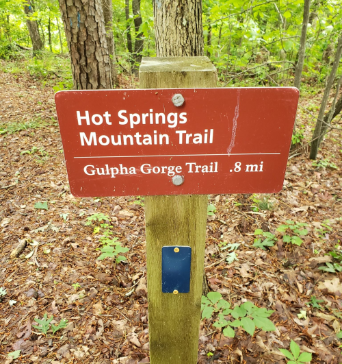 Signpost for Hot Springs Mountain Trail and Gulpha Gorge Trail, indicating a distance of 0.8 miles. Surrounded by greenery.
