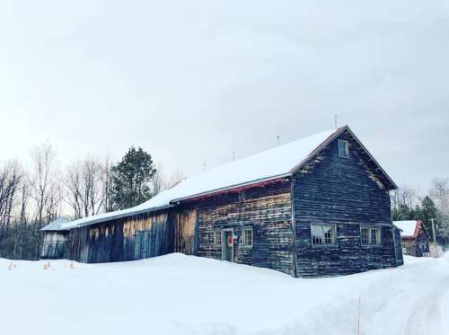 A rustic wooden barn covered in snow, surrounded by trees in a winter landscape.