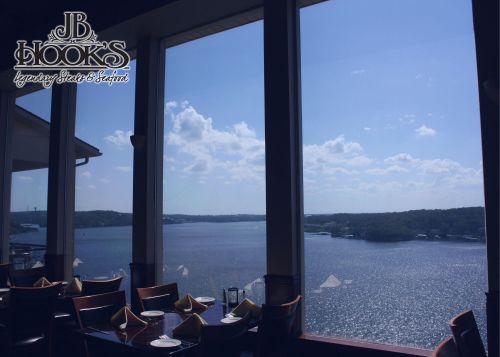 View from a restaurant window overlooking a serene lake and blue sky with scattered clouds.