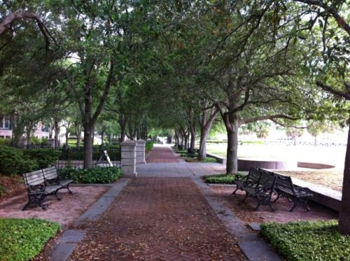 A tree-lined pathway with benches on either side, surrounded by greenery and a peaceful atmosphere.