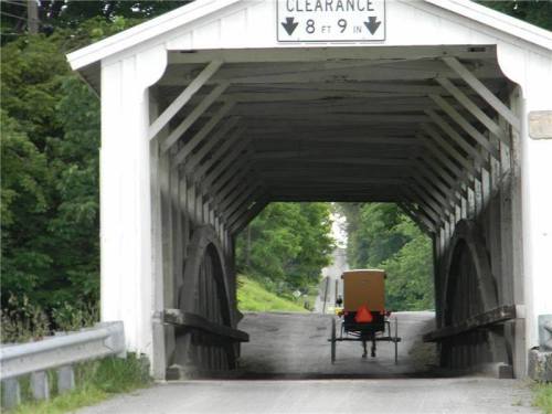 A horse-drawn carriage passes through a covered bridge with a clearance sign, surrounded by greenery.
