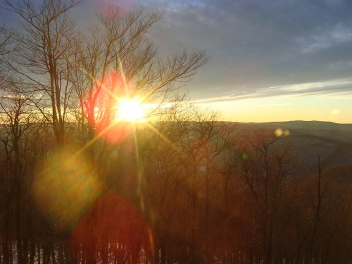 Sunrise over a mountainous landscape, with trees silhouetted in the foreground and a lens flare effect.