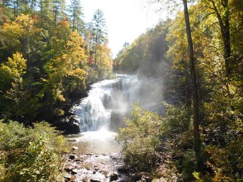 A serene waterfall cascades through a lush, colorful forest in autumn, with mist rising from the water.