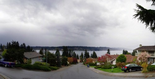 A panoramic view of a cloudy lakeside neighborhood with trees and colorful foliage lining the street.