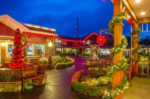 A festive street scene decorated with Christmas lights, trees, and greenery under a twilight sky.