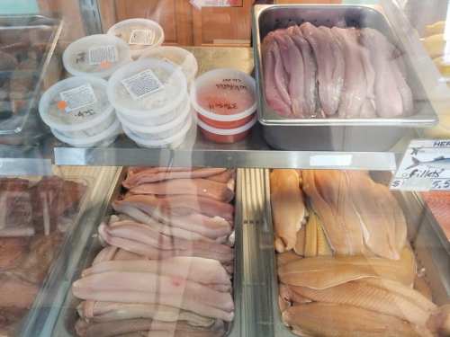 Display case filled with various fish fillets and containers of seafood products.