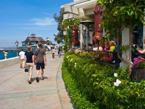 A sunny waterfront promenade with people walking, dining, and vibrant flowers along the path.