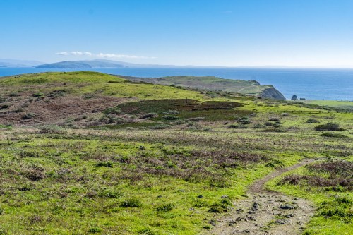A scenic view of green hills leading to a calm ocean under a clear blue sky.