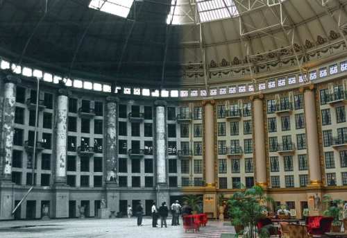 A split image showing a historic building: one side in black and white, the other in vibrant color, showcasing its restoration.