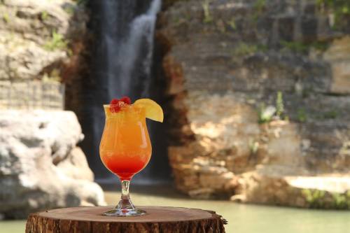 A colorful cocktail with cherries and a slice of lemon sits on a wooden stump, with a waterfall in the background.