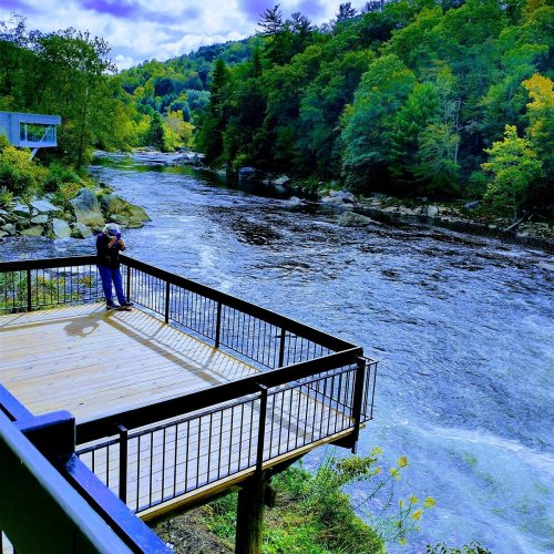 A person stands on a wooden deck overlooking a river surrounded by lush green trees and a cloudy sky.