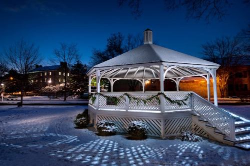A snow-covered gazebo illuminated at night, surrounded by trees and a snowy landscape.