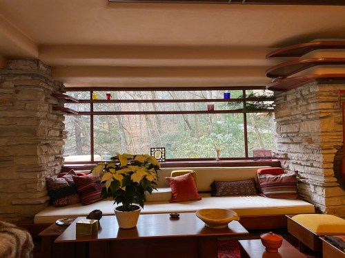 Cozy living room with stone walls, a large window, colorful cushions, and a potted plant, surrounded by greenery.