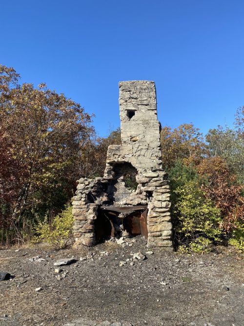 Ruins of a stone chimney surrounded by trees and blue sky, remnants of a structure in a natural setting.