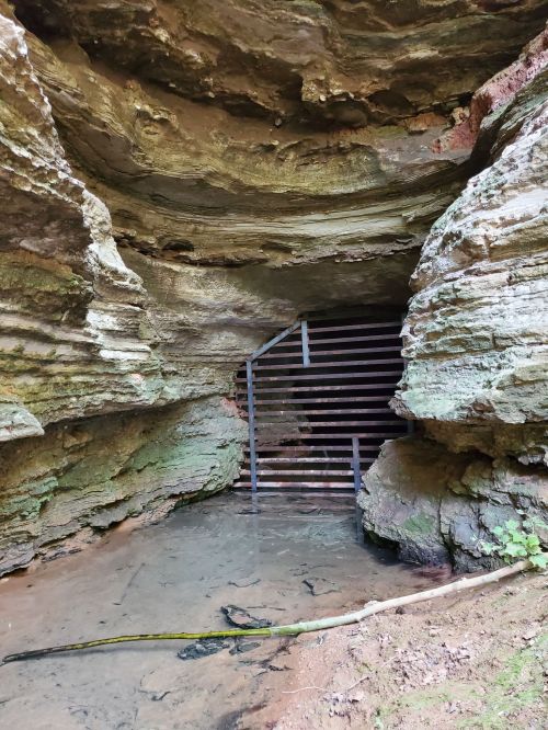 A rocky cave entrance with metal stairs leading down into a shallow pool of water. Green moss covers the stone walls.