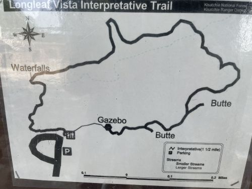Map of Longleaf Vista Interpretative Trail, showing paths to waterfalls, gazebo, and buttes in Kisatchie National Forest.