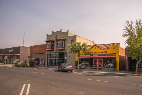 A street view of small shops, including a floral store, with colorful storefronts and clear skies.