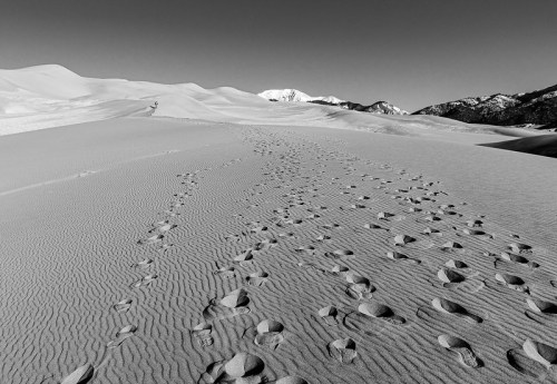 Footprints in the sand lead through a vast, empty desert landscape with distant mountains in black and white.