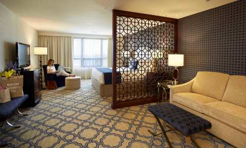 A spacious hotel room featuring a seating area, a bed, and decorative partition with modern furnishings and patterned carpet.