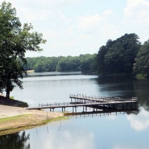 A serene lake view with a wooden dock, surrounded by lush trees and a clear blue sky.